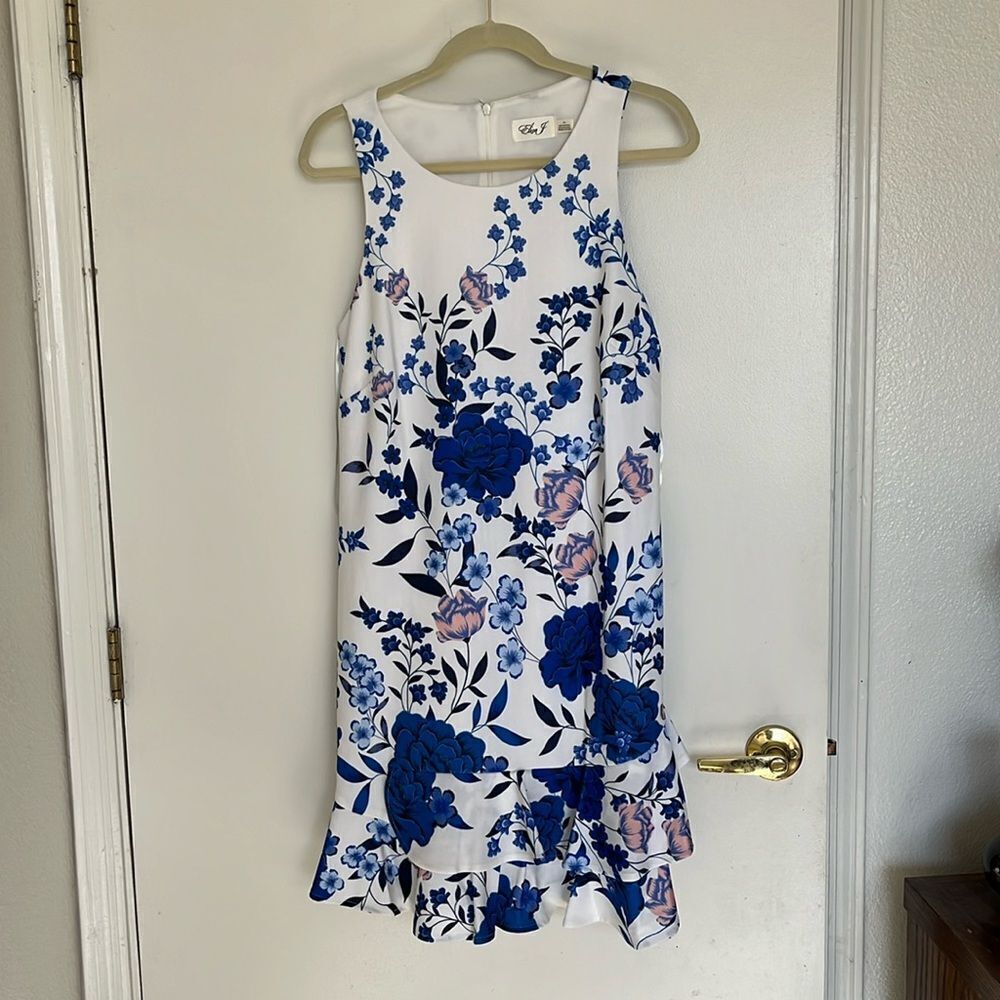 Eliza J Floral Sleeveless Ruffle Dress Size 14 NWT Blue